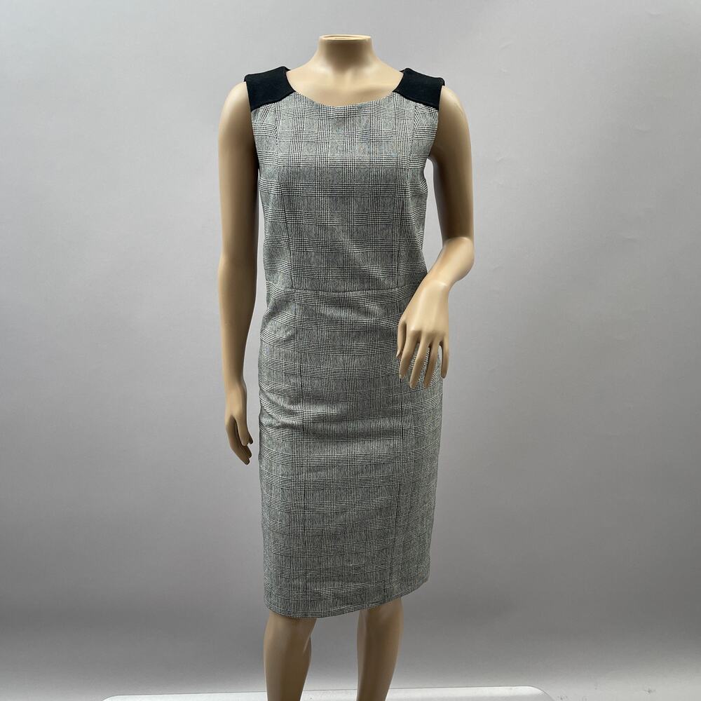 Trenery Dress Women 4 Black Houndstooth Plaid European Wool Sheath Midi Office
